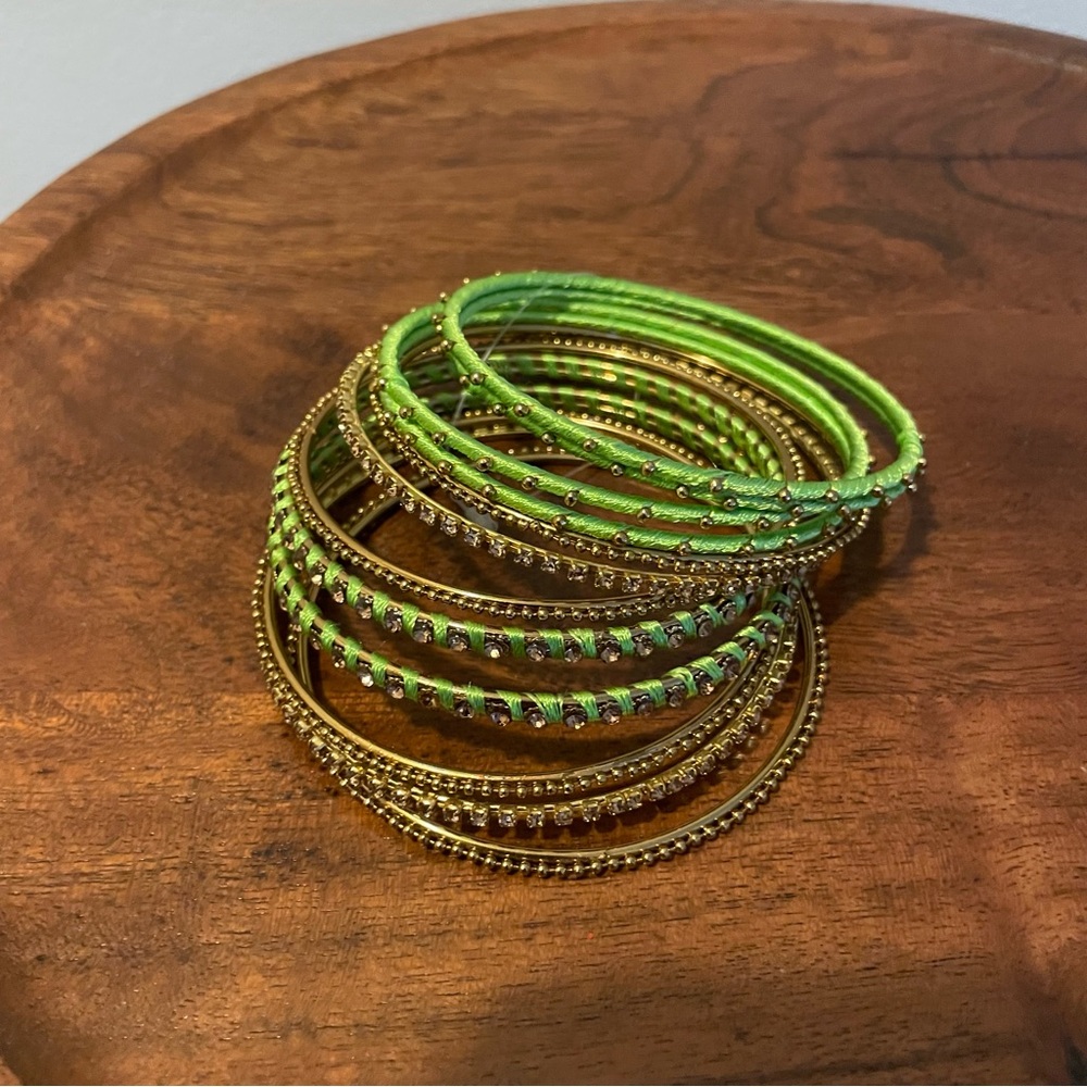 Green and Gold Threaded Stackable Bangle Bracelet Set - Picture 3 of 3